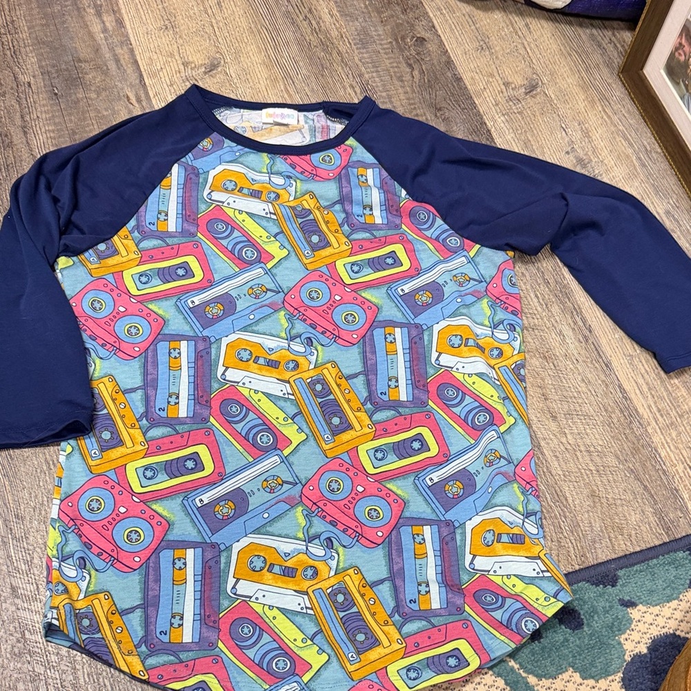 LuLaRoe Retro Cassette Raglan Tee - Navy, Aqua, Pink, Yellow